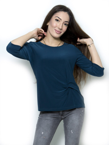 Дамска блуза с ръкав 7/8 и ефектен възел цвят петрол