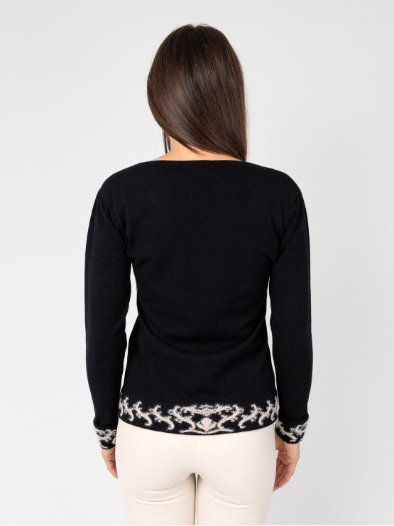 Черен пуловер с жакардови акценти "Контраст"