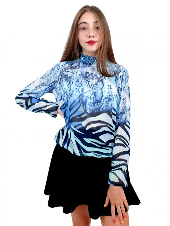 Дамска блуза с дълъг ръкав и ластик в кръста с интересен принт в синьо