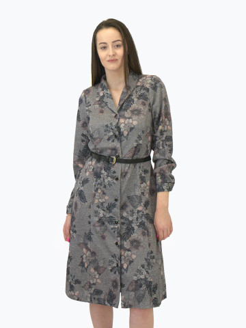 Трикотажна рокля на цветя с копчета и колан в сиво Трикотажна рокля на цветя с копчета и колан в сиво