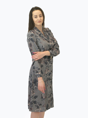 Трикотажна рокля на цветя с копчета и колан в сиво Трикотажна рокля на цветя с копчета и колан в сиво