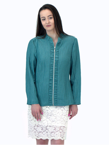 Зелено дамско сако с лен и вискоза с намачкан ефект с цип Зелено дамско сако с лен и вискоза с намачкан ефект с цип